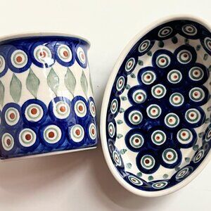 Vintage Boleslawiec Hand-Made Polish Pottery Coffee Mug & Small Oval Baker